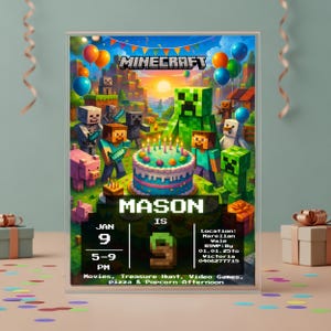 May include: A Minecraft-themed birthday party invitation. The invitation features a colorful design with Minecraft characters, a birthday cake, and balloons. The text includes the name "MASON", date, time, and event details.
