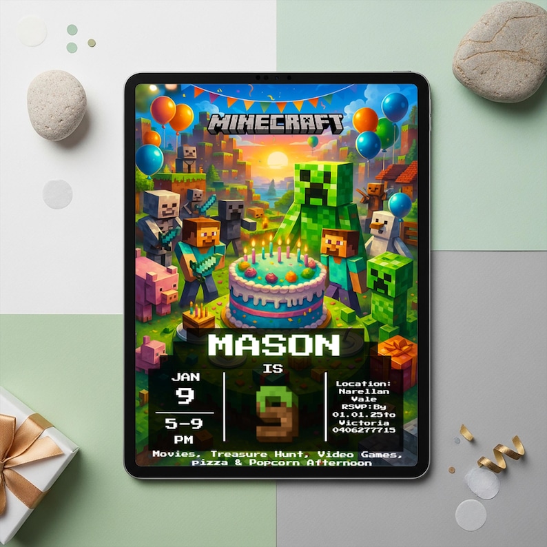 May include: A digital tablet displays a Minecraft-themed birthday party invitation. The design features Minecraft characters, a birthday cake, balloons, and the text "MASON IS 9" with event details. The background is a Minecraft landscape.