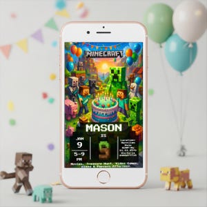 May include: A smartphone displays a Minecraft-themed birthday invitation. The invitation features a colorful scene with characters, a cake, and the name "MASON". Balloons and confetti surround the phone, with Minecraft figurines in the foreground.