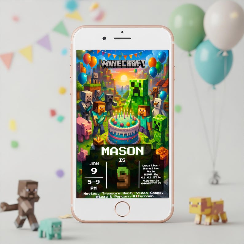 May include: A smartphone displays a Minecraft-themed birthday invitation. The invitation features a colorful scene with characters, a cake, and the name "MASON". Balloons and confetti surround the phone, with Minecraft figurines in the foreground.