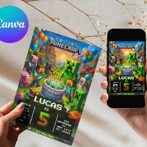 May include: A Minecraft-themed birthday invitation featuring a colorful design with the game's characters, a birthday cake, and balloons. The invitation includes the name "LUCAS" and the number "5". A smartphone displays the same invitation.