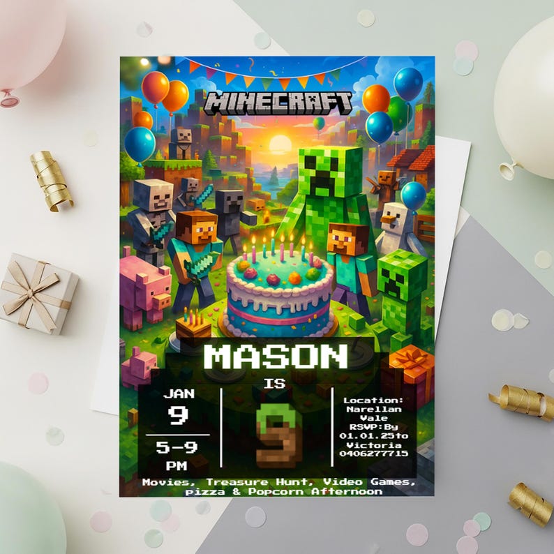 May include: A Minecraft-themed birthday party invitation featuring a vibrant design with characters, balloons, and a birthday cake. The invitation includes the name "MASON", date, time, and event details. The invitation is a colorful design with a Minecraft theme.
