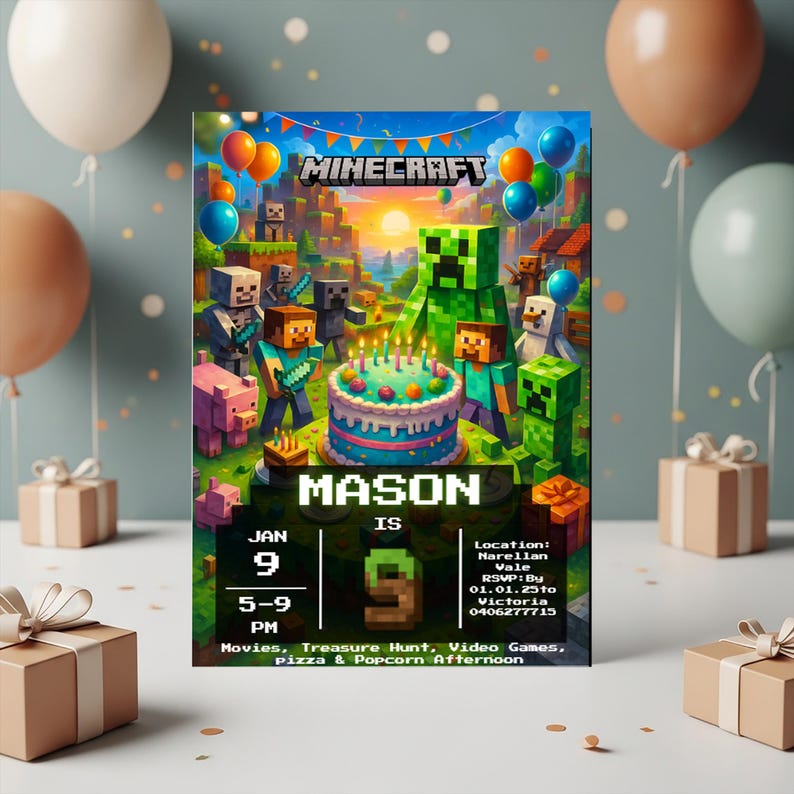Editable Minecraft birthday invitation template for kids, pixel block gamer party invite, Canva editable design, printable and digital download, green gaming theme birthday card