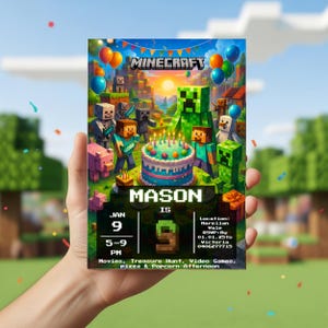 Editable Minecraft birthday invitation template for kids, pixel block gamer party invite, Canva editable design, printable and digital download, green gaming theme birthday card