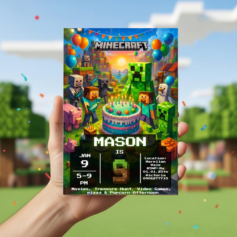 Editable Minecraft birthday invitation template for kids, pixel block gamer party invite, Canva editable design, printable and digital download, green gaming theme birthday card