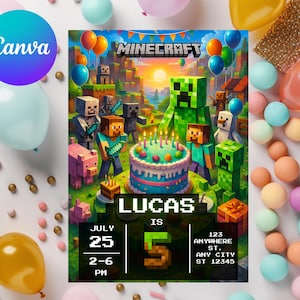 May include: A Minecraft-themed birthday invitation featuring a colorful design with the game's characters, a birthday cake, and the text "LUCAS IS 5". The invitation includes the date, time, and address for the party.