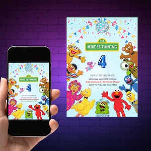 Sesame Street Birthday Invitation, Kids Cartoon Party Invite, Editable Canva Template image 1