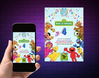 Sesame Street Birthday Invitation, Kids Cartoon Party Invite, Editable Canva Template