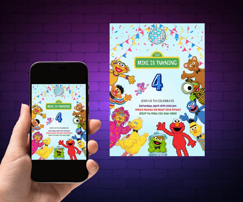 Sesame Street Birthday Invitation, Kids Cartoon Party Invite, Editable Canva Template image 1