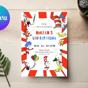 May include: A birthday invitation featuring illustrations of characters from a children's book. The invitation is white with red and white striped borders and includes the text "Amelia's 5th Birthday". The Canva logo is in the upper left corner.