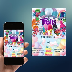Trolle Digitale Geburtstagskarten für Kinder, Trolle Party, Trolle Canva Design, anpassbare digitale Einladung, Dankeschön-Tags, Canva Vorlage
