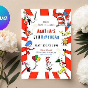 Modèle d'invitation d'anniversaire Dr Seuss - chat modifiable en chapeau, invitation à une fête, carte d'anniversaire pour enfants à imprimer, téléchargement numérique, toile