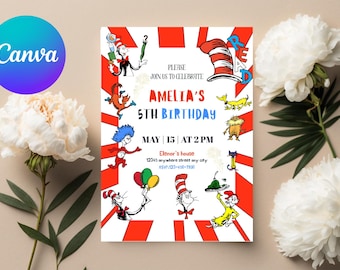 Kids Book Birthday Invitation, Cat Hat Party Invite, Editable Canva Template for Children