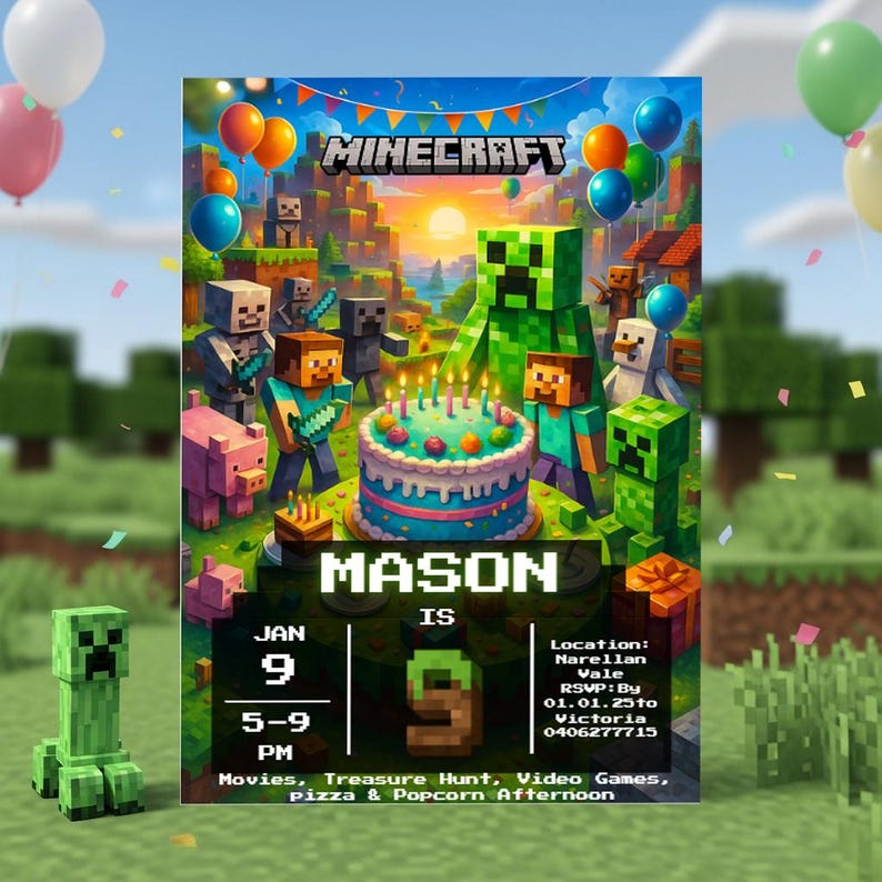 Editable Minecraft birthday invitation template for kids, pixel block gamer party invite, Canva editable design, printable and digital download, green gaming theme birthday card