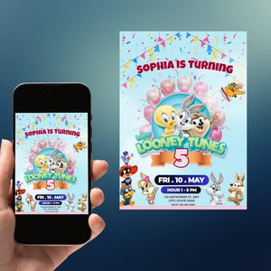 Looney Tunes Digitale Geburtstagseinladung Bearbeitbare CANVA Partykarte, Für Jungen und Mädchen Kindereinladung, personalisierte Looney Tunes einladen, DIY