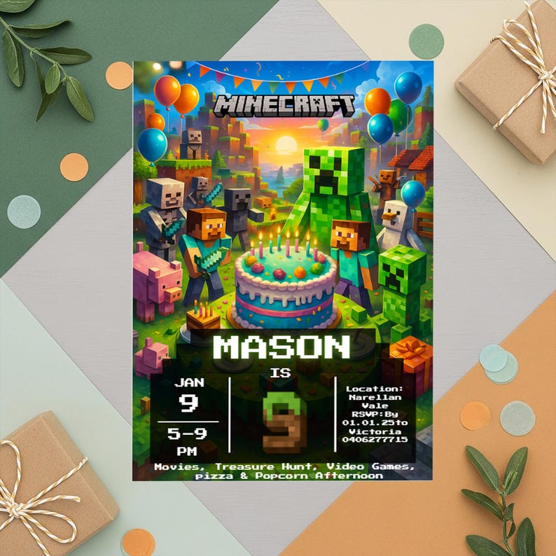 May include: A colorful Minecraft-themed birthday invitation. The design features Minecraft characters, a birthday cake, and balloons. The invitation includes the name "MASON", date, time, and event details. The background shows a Minecraft landscape.