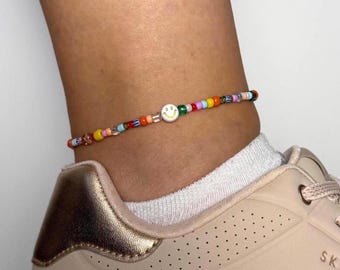Buntes Fußband mit Smiley, Perlenfußkette, Sommer, Boho, Glasperlen, Rocailles, Strandschmuck, wasserfest, elastisch, Geschenkidee