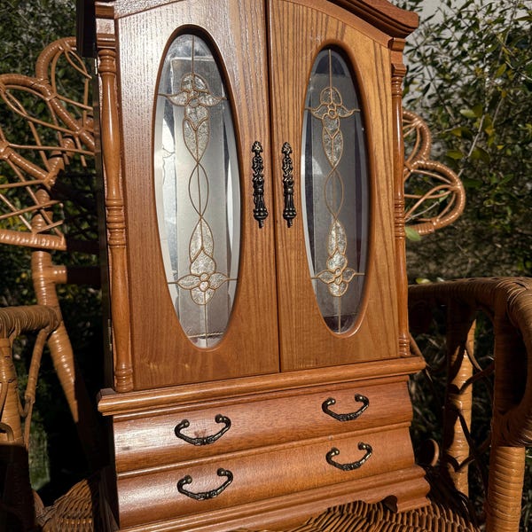 Vintage Etched Double Door Standing Jewelry Armoire