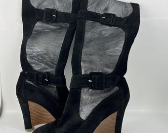 Botas de cuña con tacón de cuña de ante y cuero negro Heidy de Donald Pliner para mujer talla 9