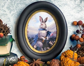 Vintage Rabbit Portrait Frame - Victorian Wall Decor - Surreal Art Odd Rabbit Collage - Cabinet of Curiosities