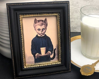 Victorian Cat with Glass of Milk - Gothic Artwork - Vintage Curiosity Cabinet Decor