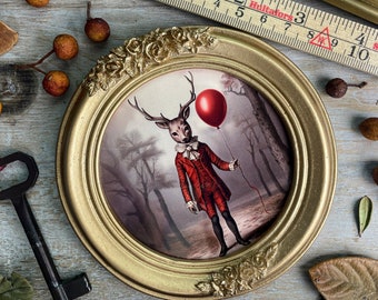 Gentleman Deer Print - Whimsical Deer Red Balloon Illustration - Victorian Dressed Stag Portrait - Animal Art Wall Decor