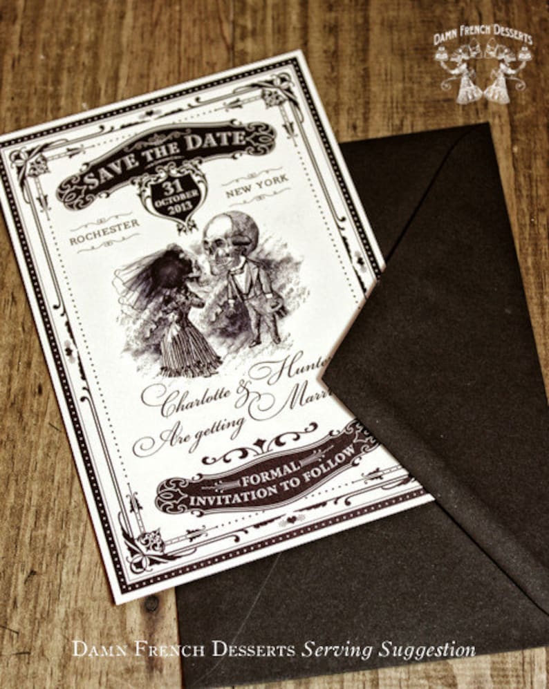 skull save the date gothic wedding invite Halloween wedding invitation