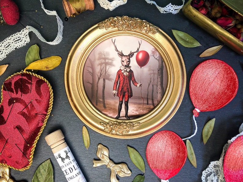 Gentleman Deer Print Whimsical Deer Red Balloon Illustration Victorian Dressed Stag Portrait Animal Art Wall Decor image 3