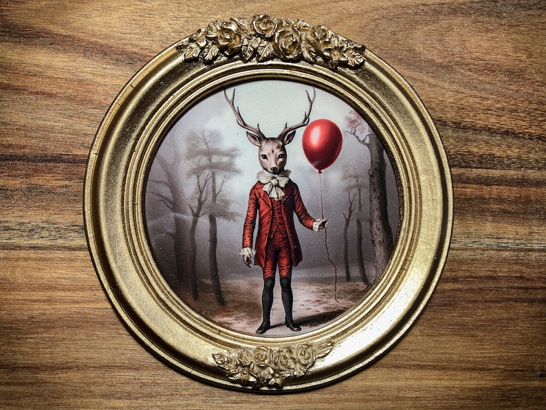 Gentleman Deer Print Whimsical Deer Red Balloon Illustration Victorian Dressed Stag Portrait Animal Art Wall Decor image 7