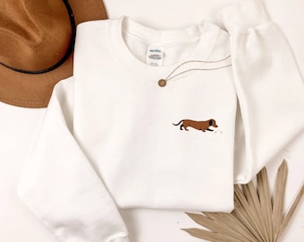 Taxtröja med rund hals, Doxie-tröja, wienerhund-tröja med rund hals, hösttröja, Doxie-mammapresent, korvhundpresent, söt hundtröja