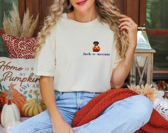 Koszulka z jamnikiem na Halloween, koszulka Jack O Weenie, koszulka unisex dla miłośników psów, odzież świąteczna, koszulka kostiumowa, koszulka z grafiką, zabawny pies