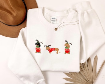 Christmas Dachshund Reindeer Sweatshirt, Holiday Wiener Dog, Xmas Crewneck Pullover, Festive Dachshund Sweater, Christmas Dog Sweatshirt
