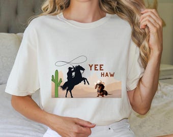 Yee Haw Cowboy T-shirt, leuk western T-shirt, uniseks kledingstukgeverfd shirt, ideaal voor landelijke evenementen, teckelshirt, perfect cadeau voor rodeoliefhebbers