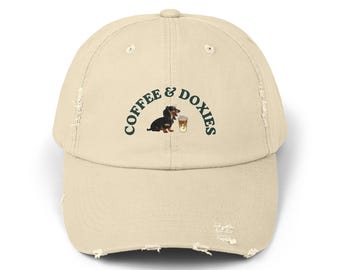 Gorra desgastada, gorra de béisbol de Coffee and Doxies, gorra de perro salchicha, regalo para amantes de los perros, gorra de estilo vintage, gorra de perro salchicha, gorra de papá, gorra de perro salchicha