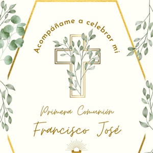 Tarjeta de convite de primeira comunhão. Editável e lista para imprimir em casa. Modelo de convite para primeira comunhão. Editável GRATUITAMENTE.