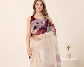 Beige Floral Organza Saree, Lotus Print Saree with Blouse, Sheer Lightweight Saree, Indian Party Wear Saree, Wedding Guest Outfit
