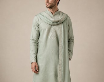 Men's Green & White Embroidered Silk Blend Kurta Trouser Set with Dupatta