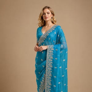 Blue Tissue Saree Elegant Threadwork Embroidery Indian Festive Wear Traditional Saree With Blouse Piece