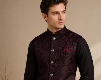 Chaqueta Nehru color burdeos - Mezcla de seda tejida, chaleco formal indio