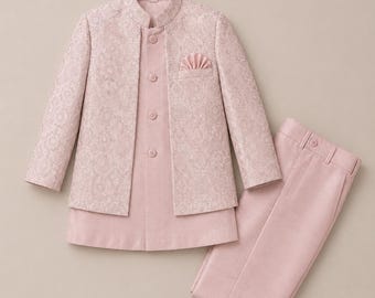 Pink Boys Embroidered Sherwani Set with Jacket, Kids Ethnic Wear Kurta Pajama Set, Indian Wedding Outfit for Boys, Festive Party Wear Suit