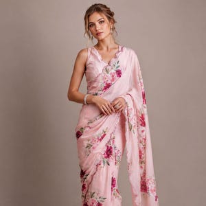 Pink Floral Chiffon Saree, Sequinned Border (Lightweight Party Wear)