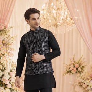 Men's Black Cotton Blend Sequin Embroidered Nehru Jacket Indian Wedding Sangeet Reception Festival Waistcoat Modi Jacket Ethnic Bandi