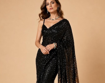 Designer Sequin Saree: Black & Gold Georgette - Wedding and Evening Look