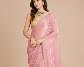 Satin Saree: Elegant Soft Pink with Scalloped Border (Blouse Included)