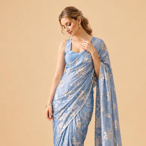 Blue Gold Silk Blend Saree, Embellished Border, Beads Stones Work, Wedding Party Saree