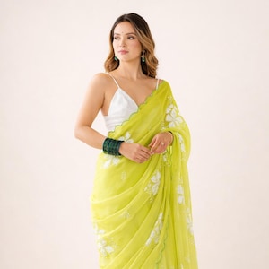 Lime Green Organza Saree, Floral Embroidery, Wedding Guest, Festive Party Wear image 1