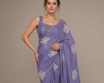 Floral Chiffon Saree: Lavender Pastel Shades (Unstitched Blouse Included)
