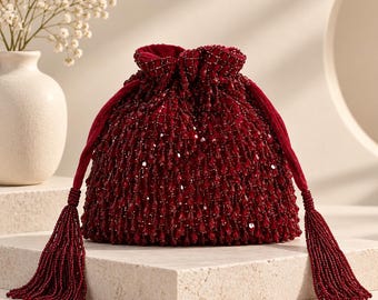 Women's Velvet Handcrafted Statement Potli Bag with Detachable Pearl Handle - Red