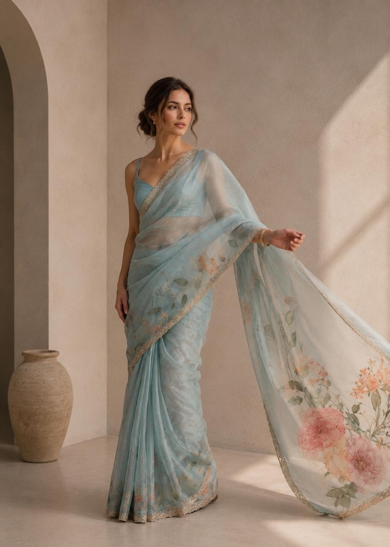 Organza Saree: Sky Blue with Gold Floral Border (Festive Indian Wear)