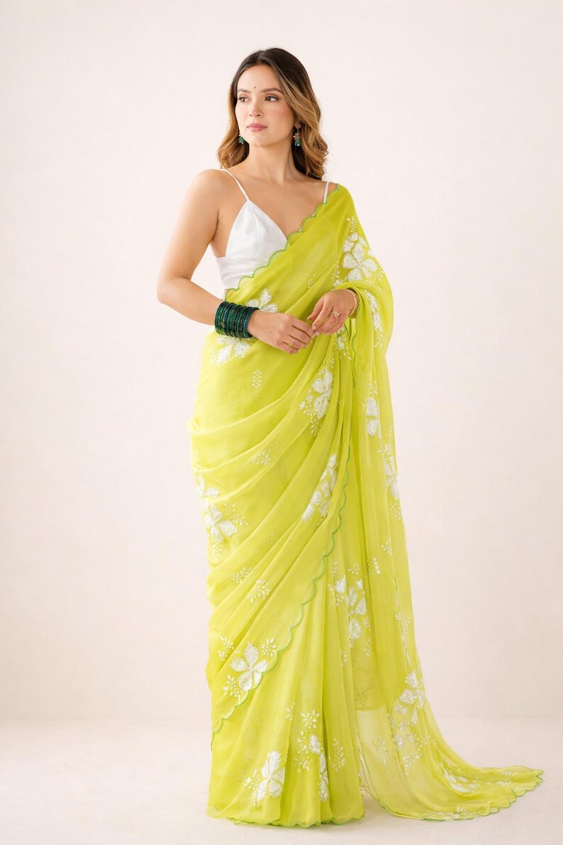 Lime Green Organza Saree, Floral Embroidery, Wedding Guest, Festive Party Wear image 1